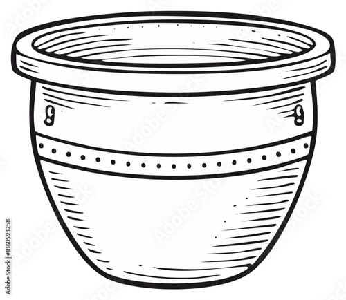 Hand drawn monochrome illustration of a decorative empty plant pot for gardening