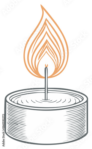 Vector Illustration of a Burning Tealight Candle with a Bright Orange Flame, creating a Warm Glow, isolated.