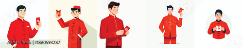 vector half body of man gesture holding red envelope at chinese new year celebration