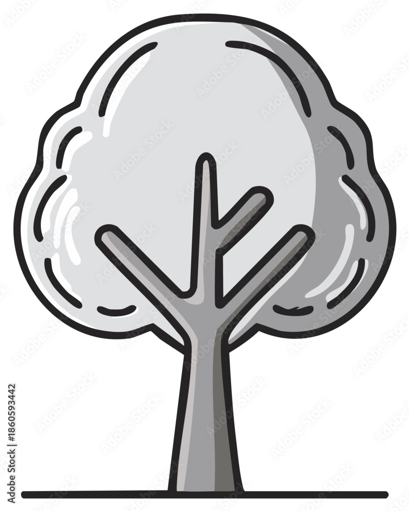 Obraz premium Cartoon Tree Illustration with Gray Leaves and Thick Trunk Design For Children's Education Material