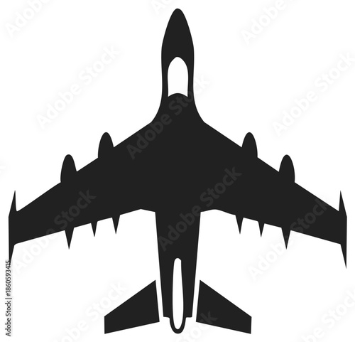 Dark Aircraft Silhouette Graphic Top View: Jet Fighter Plane with Missiles, Vectors