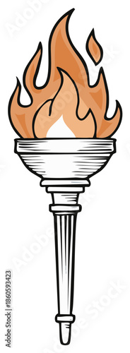 Cartoon torch with flame. Black outline illustration.