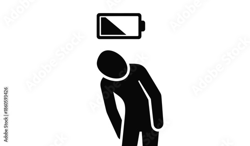 A weary figure with a low battery symbol overhead depicting exhaustion