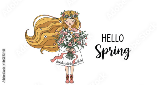 Elegant illustration depicts a girl with flowing blonde hair holding a massive bouquet of blooming flowers to welcome the spring season.