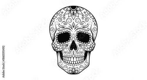 Ornate sugar skull line art is heavily decorated with floral motifs and elegant swirl patterns for Day of the Dead celebrations.