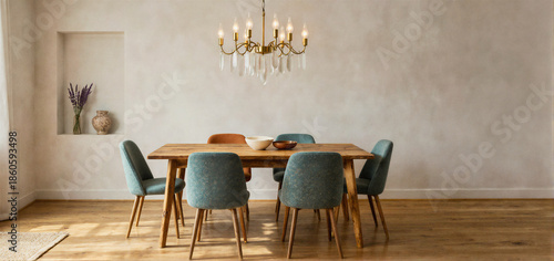 A modern dining room with a wooden table, blue upholstered chairs, and a gold chandelier hanging above, set against textured beige walls and hardwood floors.