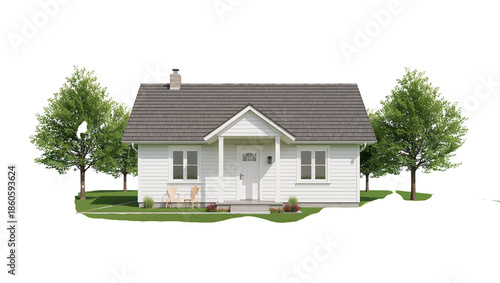 Small White House With a Gray Roof and a Front Porch Surrounded by Plants and...