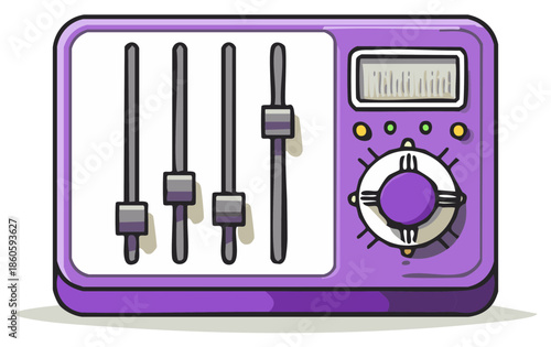 Cartoon Illustration of a Purple Audio Mixer with Sliders and a Control Knob