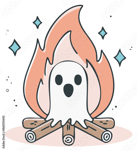 Cute Cartoon Ghost Emerging from a Magical Sparkling Campfire Illustration