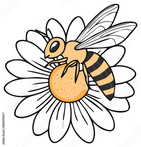 Charming cartoon honeybee pollinating a simple white daisy flower drawing