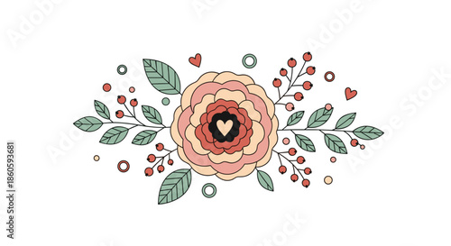 Hand drawn floral composition features a large central flower with a tiny heart, embellished by symmetrical leaf sprigs and berries.
