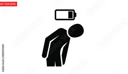 Exhausted person leaning with a low battery icon above their head
