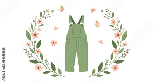 Pair of green baby overalls centered within a beautiful floral wreath featuring pink blossoms and delicate butterflies on a white background.