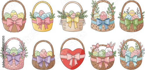 Cute Easter Basket Collection Illustration with Decorated Eggs, Ribbons, Flowers and Spring Elements for Holiday Design, Greeting Cards and Seasonal Decoration