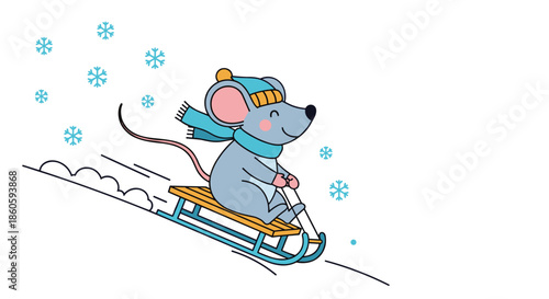 Cute little mouse wearing a blue scarf and hat while sliding down a snowy hill on a wooden sled during a winter day with falling snowflakes.