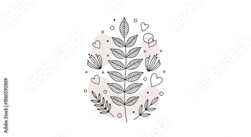 Delicate line art illustration of a central leaf branch surrounded by hearts and flowers within an egg-shaped composition on a soft background.