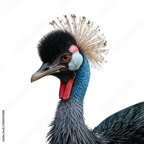 Cassowary With Colorful Features Stands Against a Plain Background in a Natur...
