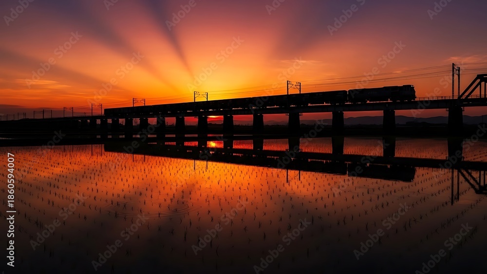 Obraz premium Sunset Overpass Reflection and Train Tracks
