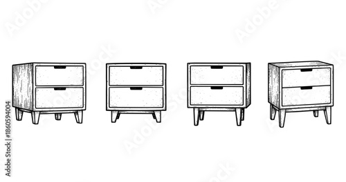 Set of vintage wooden nightstands with drawers in black and white illustration