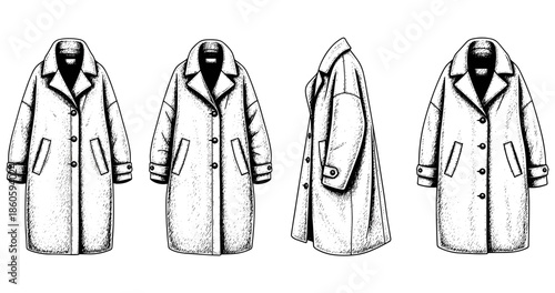 Detailed black and white sketch of classic winter coats from multiple angles