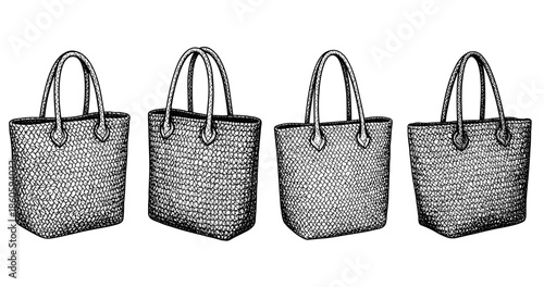 Line art of four textured tote bags with handles in different angles