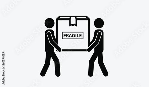 Two figures carefully carrying a package labeled fragile with caution