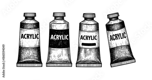 Vintage black and white illustration of acrylic paint tubes