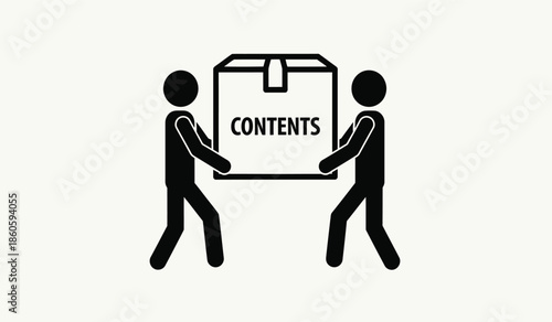 Two figures carrying a box labeled contents simple black and white illustration