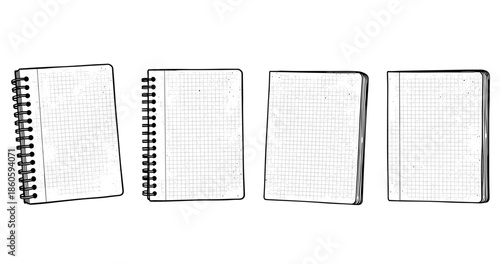Set of four blank spiral and hardbound grid notebooks in various angles