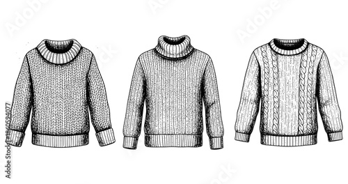 Hand-drawn knitted sweaters collection: cable and turtleneck designs