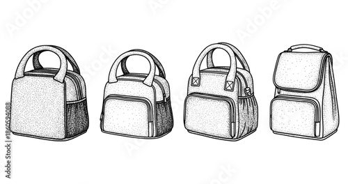 Black and white sketch of four retro handbags with rounded handles