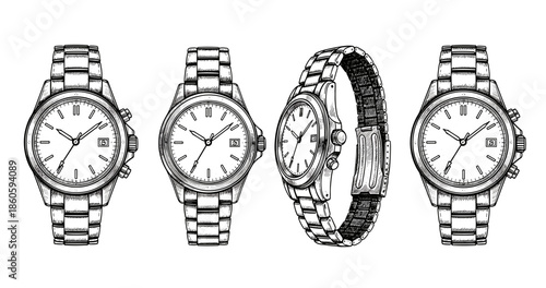 Vintage analog watches collection with metal bands in various angles