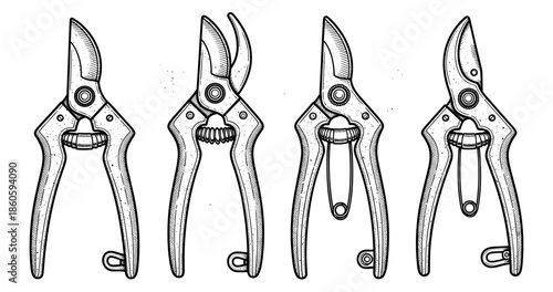 Set of vintage hand-drawn pruning shears illustration in black and white