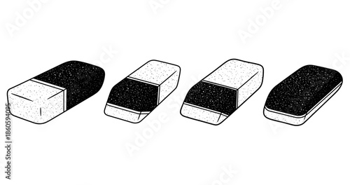 Set of four different erasers in black and white illustration
