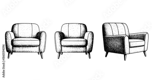 Set of three vintage armchairs with mid-century modern design in black and white