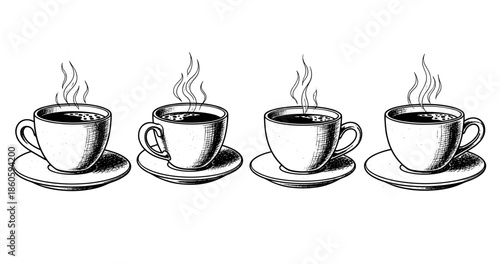 Set of four hand-drawn steaming coffee cups in black and white art style