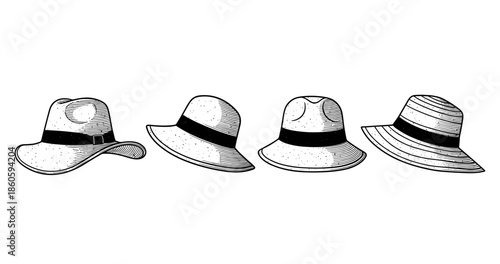 Vintage wide-brim hats collection: hand-drawn black and white illustrations