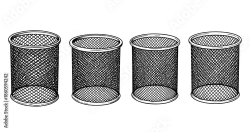 Set of four black metal mesh cylindrical wastebaskets on white background
