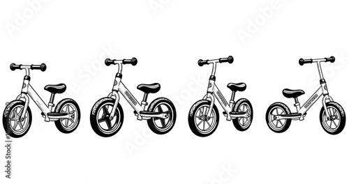 Collection of children's balance bikes in various designs and sizes