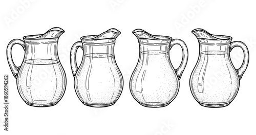 Four glass pitchers with water illustration in detailed line art style