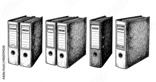Vintage style black and white sketch of office binders in a row