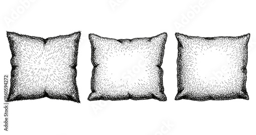 Hand-drawn cushion set: trio of decorative textured pillows on white background