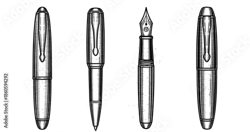 Antique fountain and ballpoint pens: classic instruments in detailed illustration