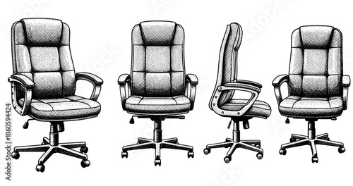 Illustration of office chairs in various angles and perspectives