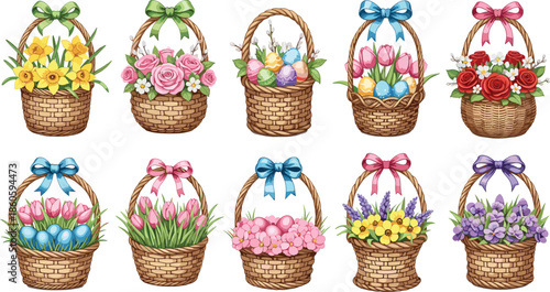 Decorative Flower Basket Collection Illustration with Colorful Spring Blossoms, Ribbons and Wicker Baskets for Floral Design, Holiday Decoration and Garden Themes