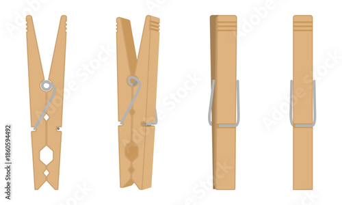 wooden clothespin set with different view, vector illustration isolated on white background.
