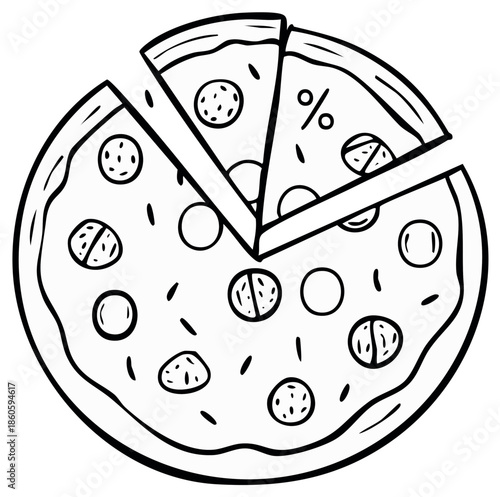 Drawn pizza with pepperoni and missing slices, black and white illustration.