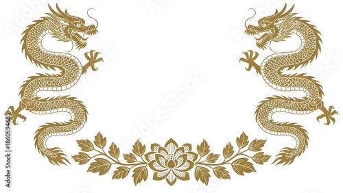 Elegant golden oriental dragons framing a central decorative lotus flower design