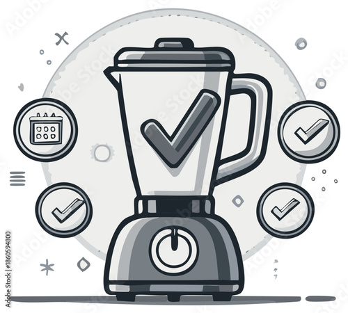 Cartoon blender with check mark and additional positive outcome icons in grayscale illustration.