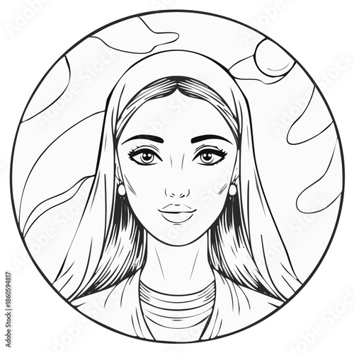 Elegant Woman with Headscarf in Round Frame Line Art Illustration Serene Portrait in Minimalist Style